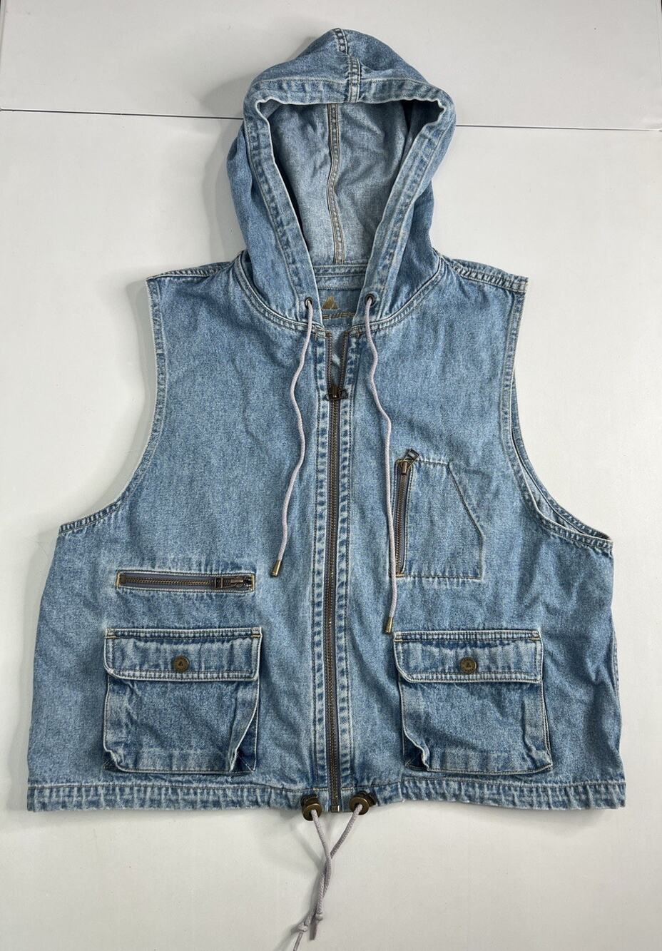 Vintage Denim Vest Hooded Light Wash Cargo Pockets Gorpcore Streetwear Sz Medium